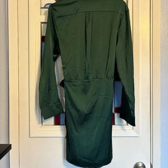 Satin Long Sleeve Wrap Blouse in Hunter Green - Picture 4 of 4